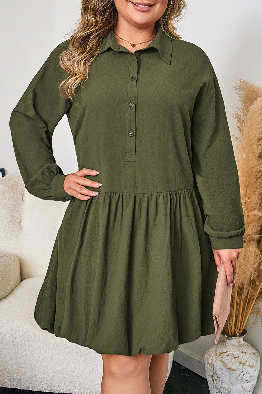 100% Cotton Green Plus Size Long Sleeve Ruffle Hem Mini Dress