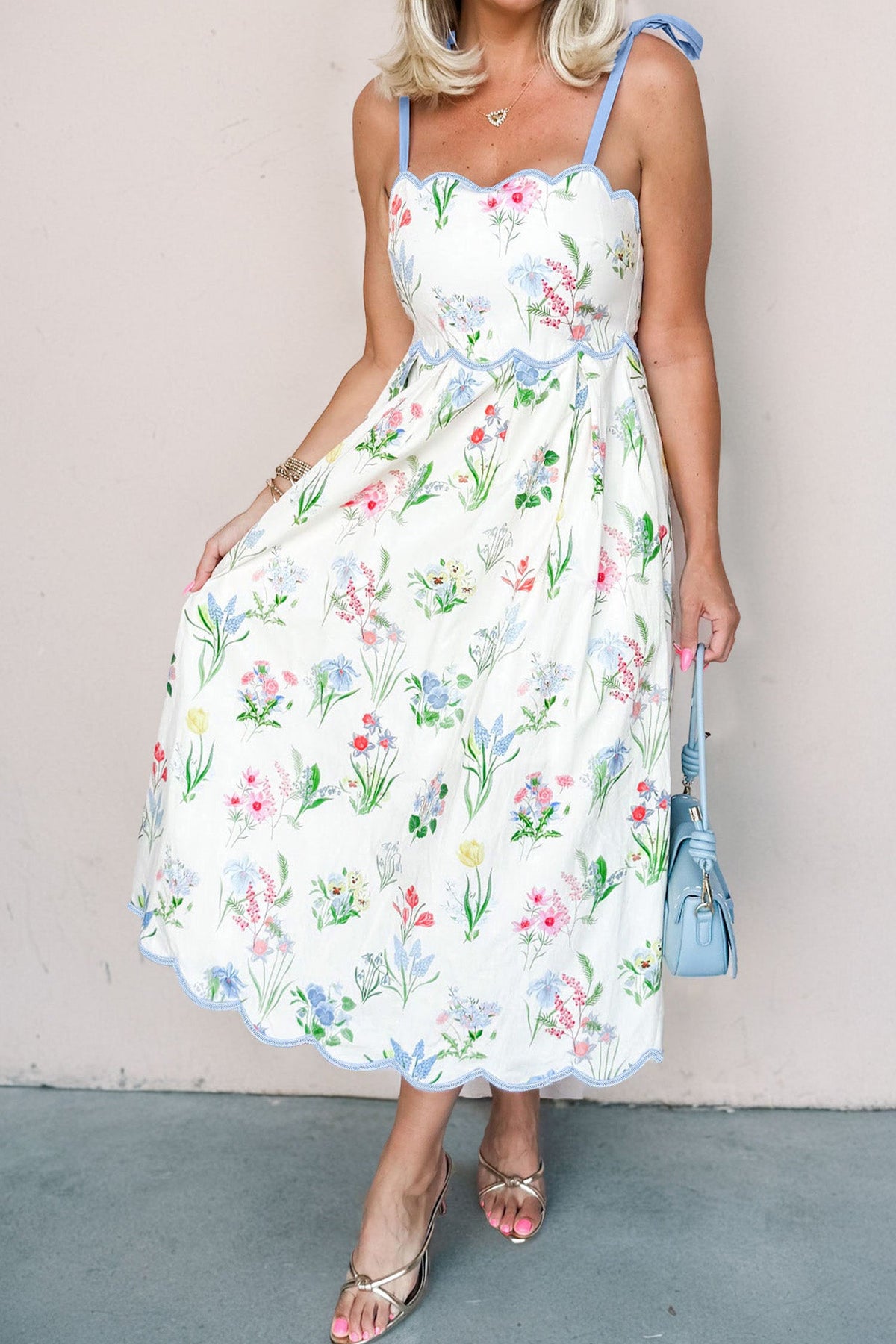 Beige Floral Print Straps High Waist Midi Dress