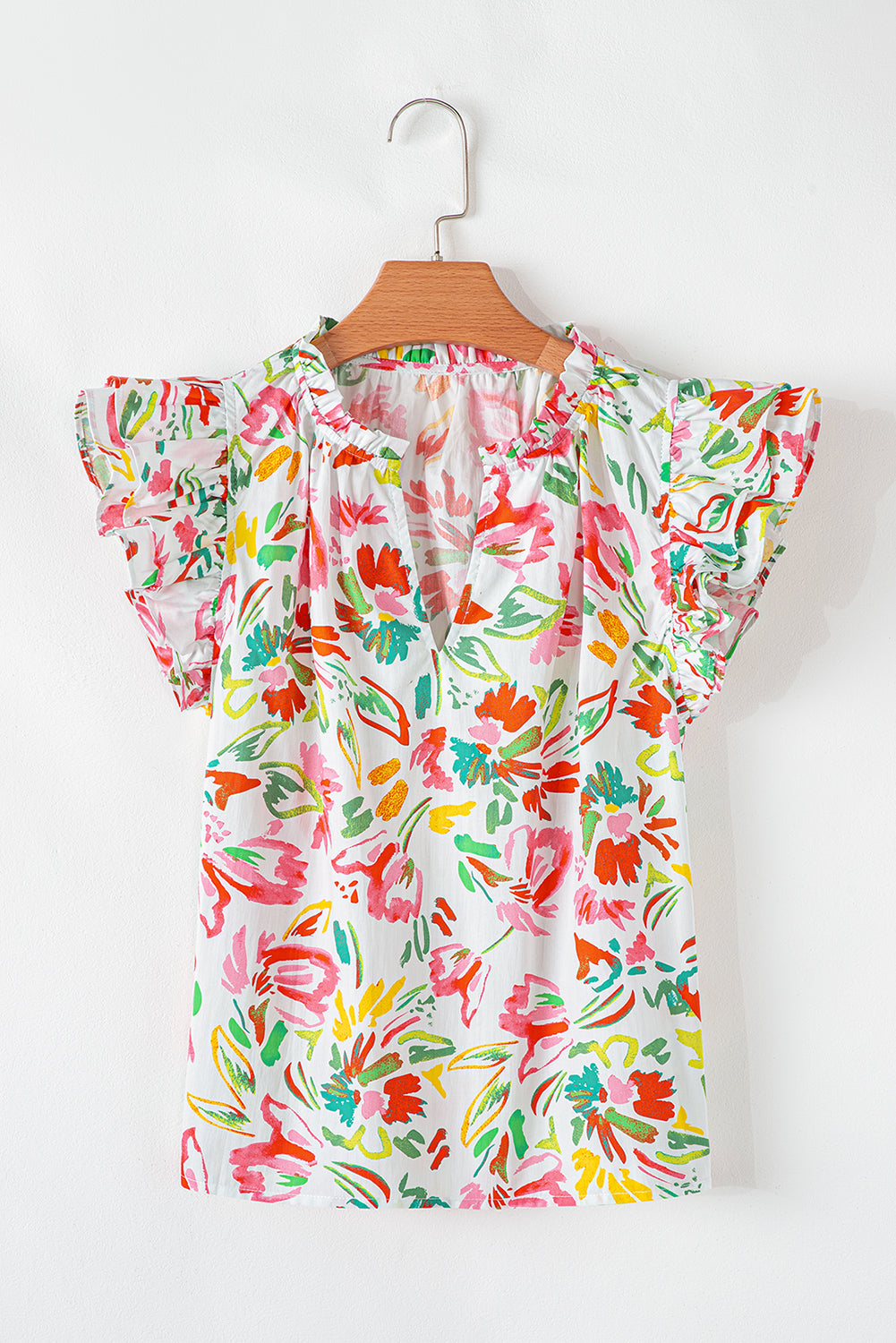 Allover Floral Printed Flutter Sleeve Split Neck Blouse