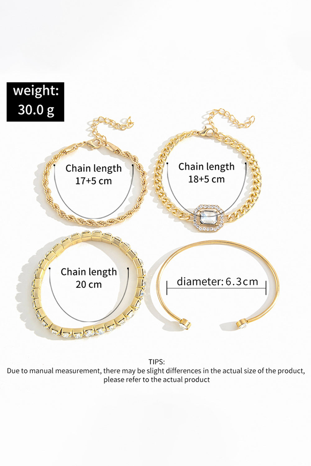 4pcs Diamond Chained Braided Bangle Bracelet Set