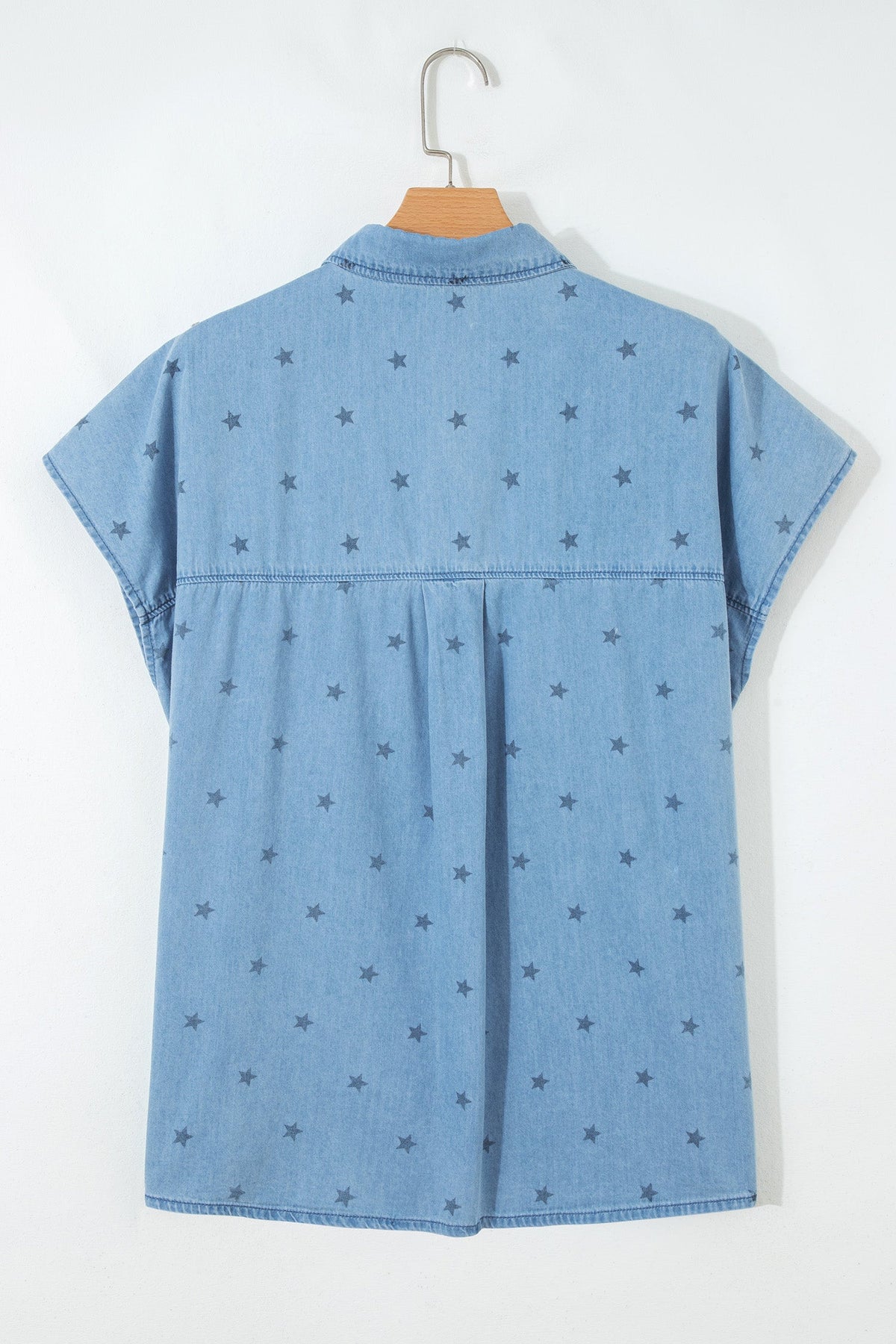 Beau Blue Star Allover Print Short Sleeve Denim Shirt
