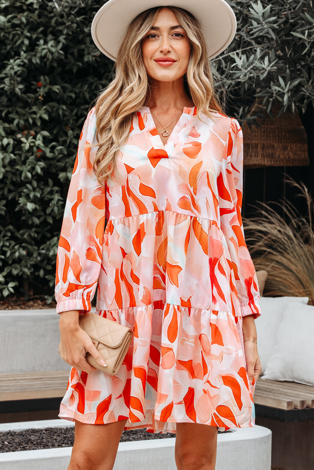Abstract Print Split Neck Long Sleeve Dress