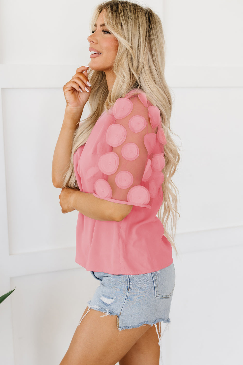 Applique Mesh Half Sleeve Blouse