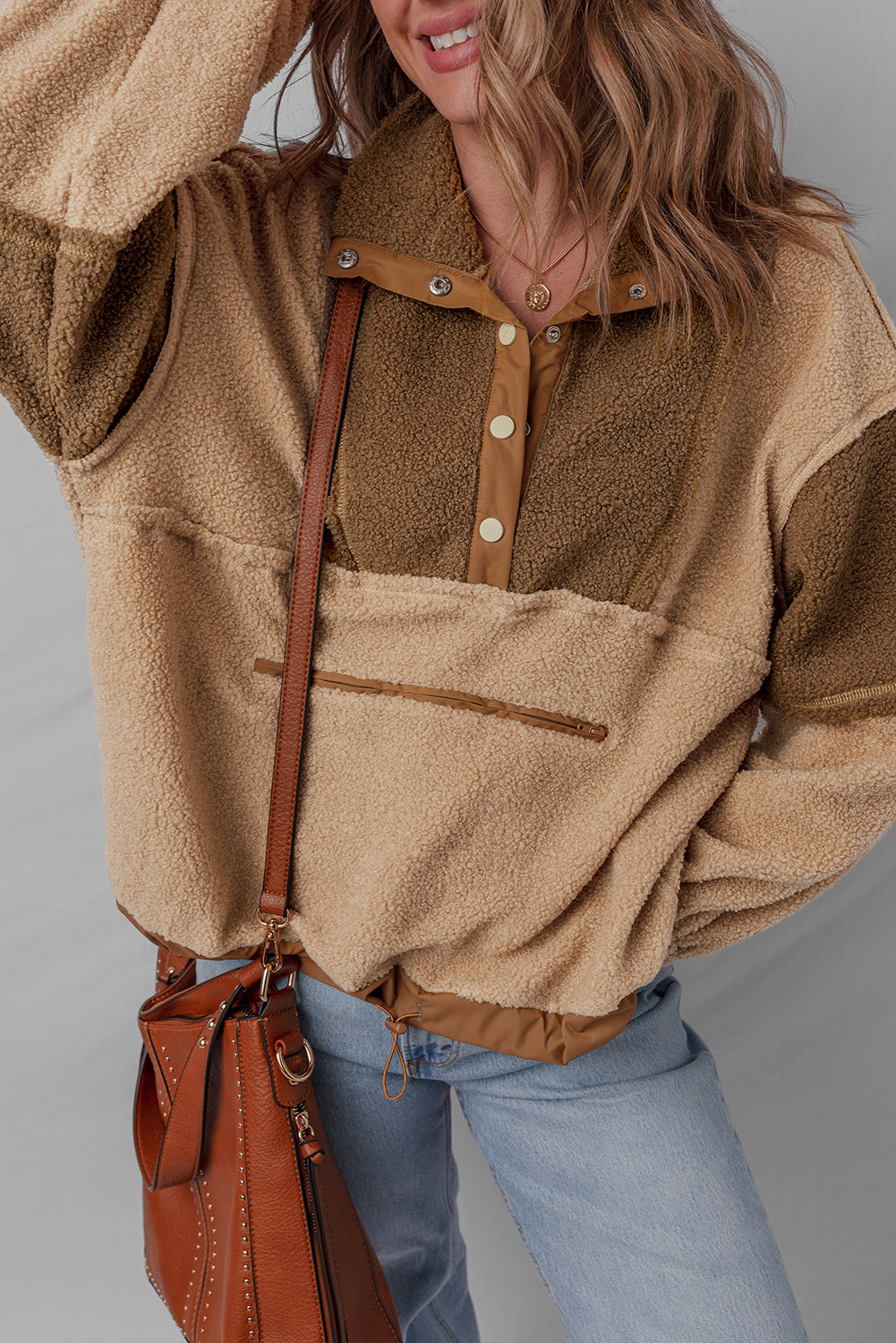 2-tone Color Block Patchwork Half Button Sherpa Sweatshirt