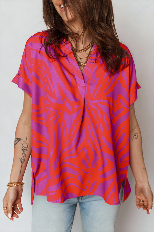 Abstract Print V Neck Cuffed Short Sleeve Shift Slit Blouse