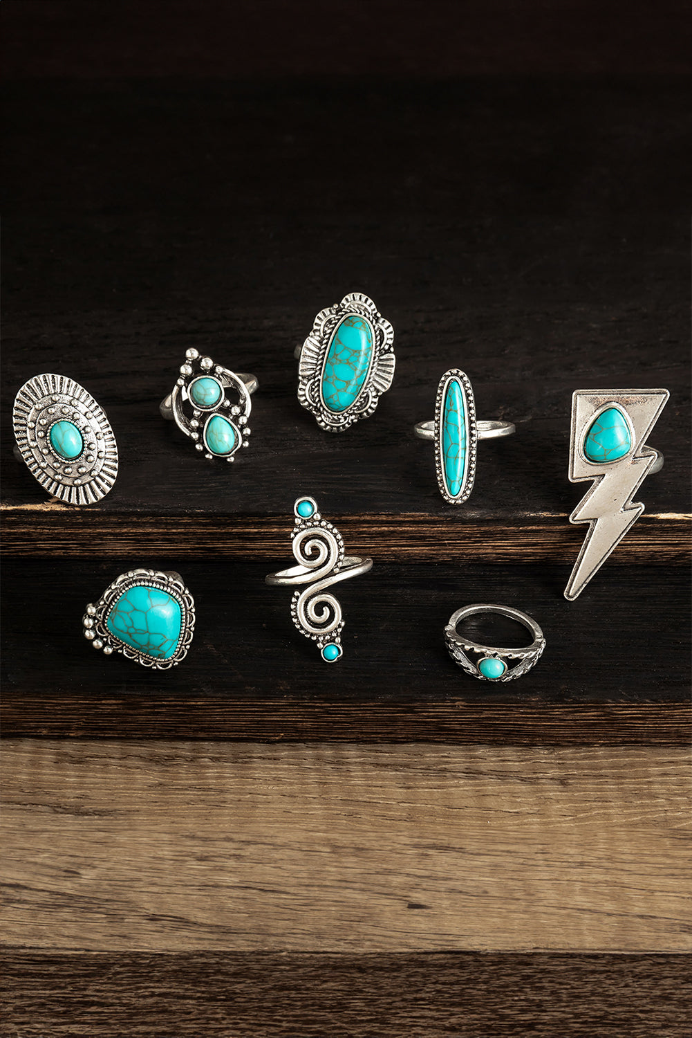 8pcs Turquoise Inlay Western Ring Set