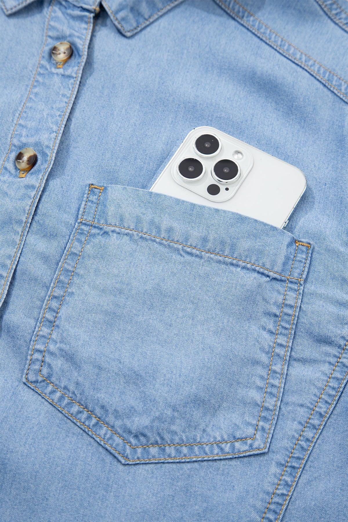 Beau Blue Half Sleeve High Low Chambray Shirt