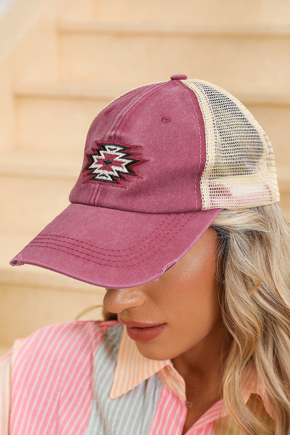 Aztec Pattern Cotton Distressed Baseball Cap