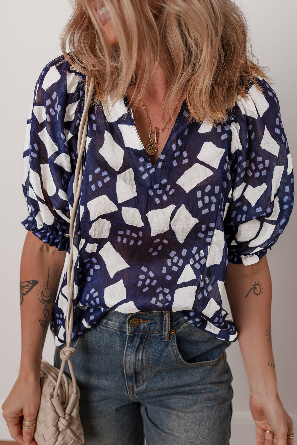 Abstract Print Frilled Puff Sleeve V Neck Blouse