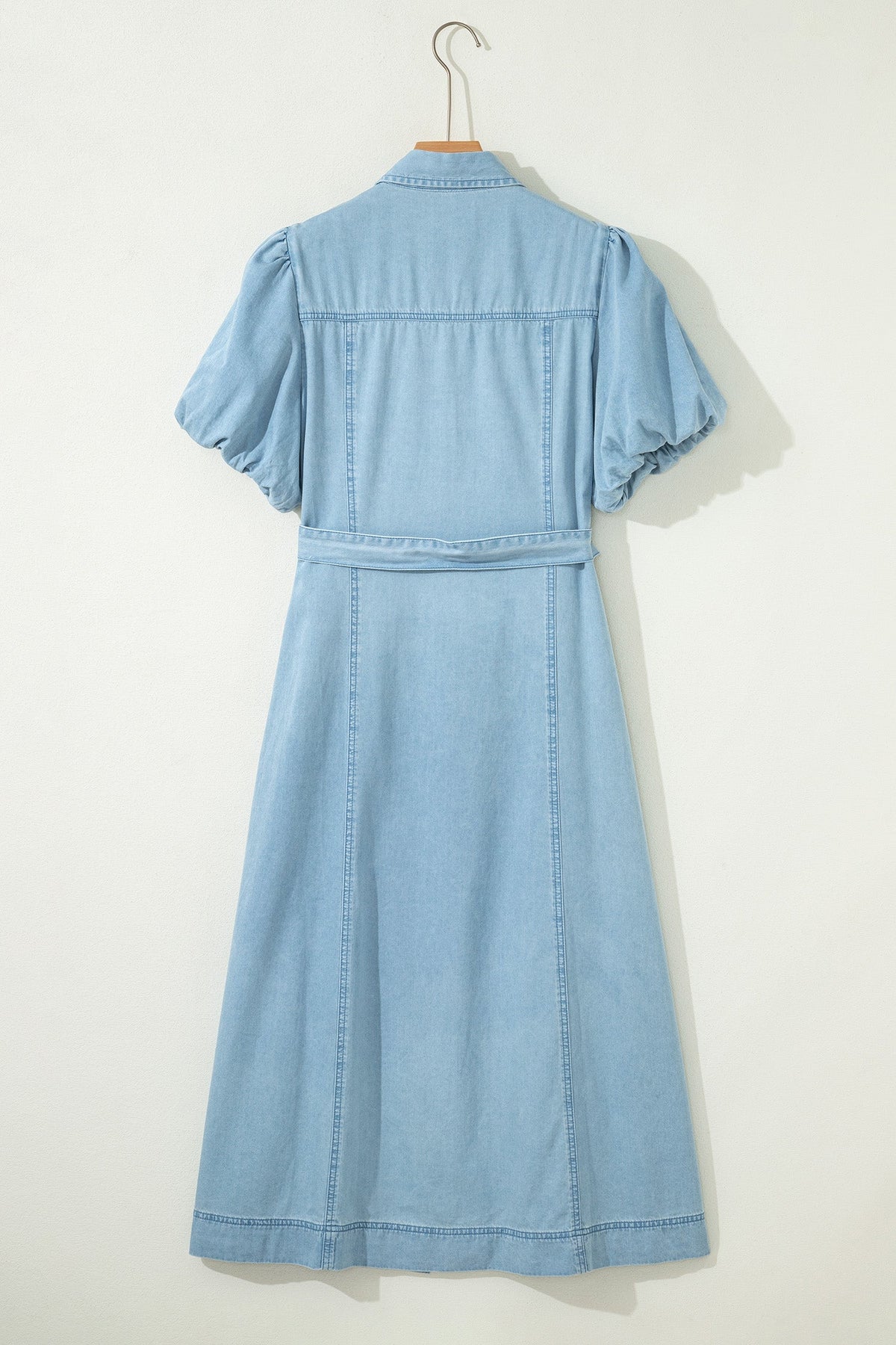 Beau Blue Full Buttons Collared Short Bubble Sleeve Long Denim Dress