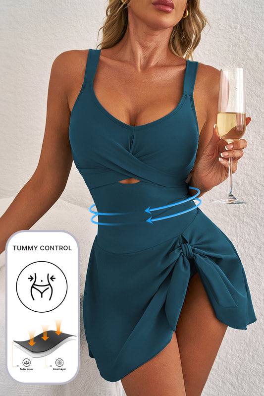 Adjustable Straps Cutout Ruched Knot Slit One Piece Swim Dress