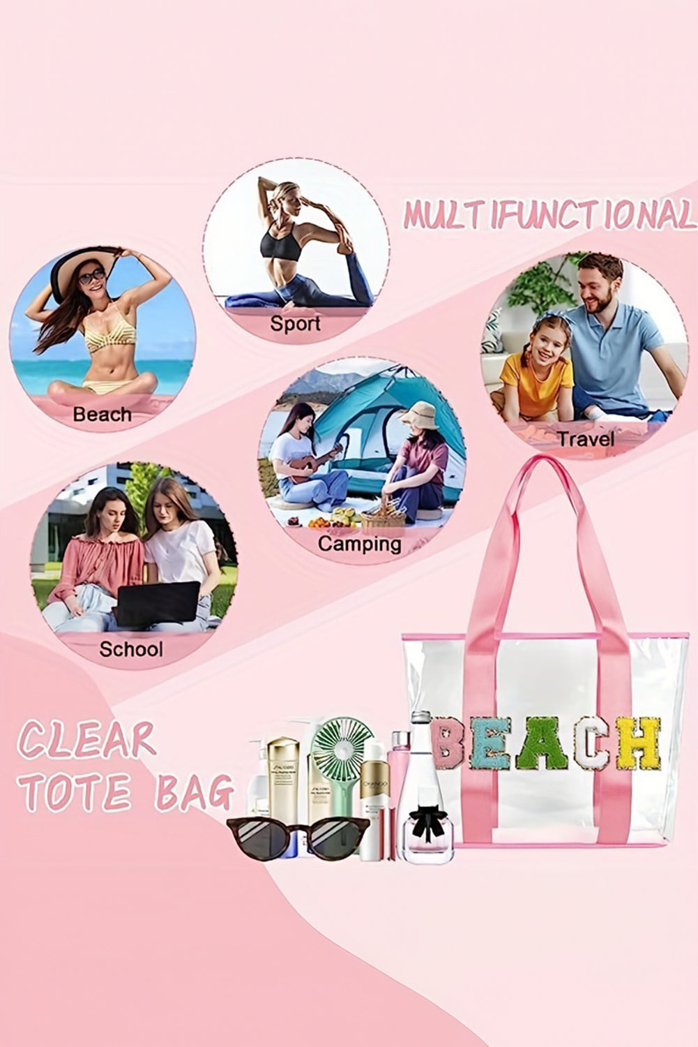 BEACH Chenille Patched Large Clear PVC Shoulder Bag