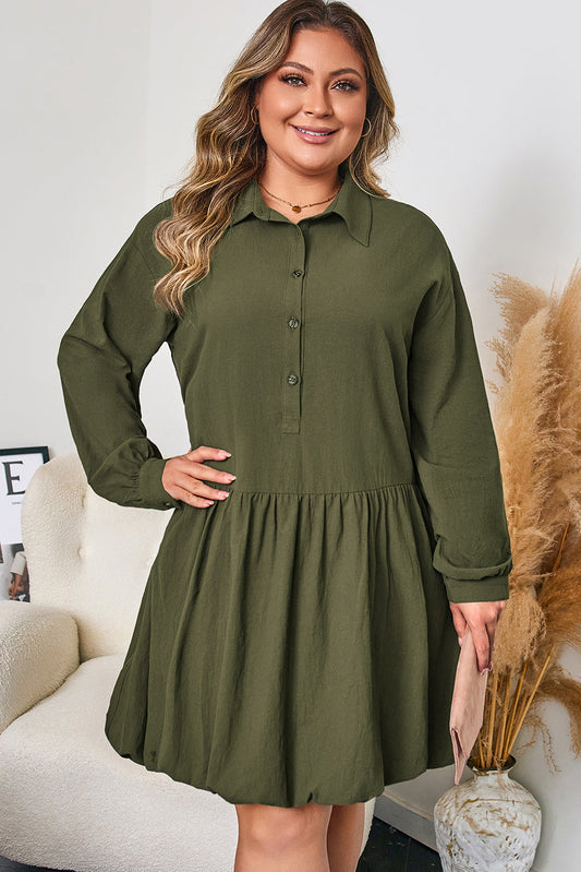 100% Cotton Green Plus Size Long Sleeve Ruffle Hem Mini Dress