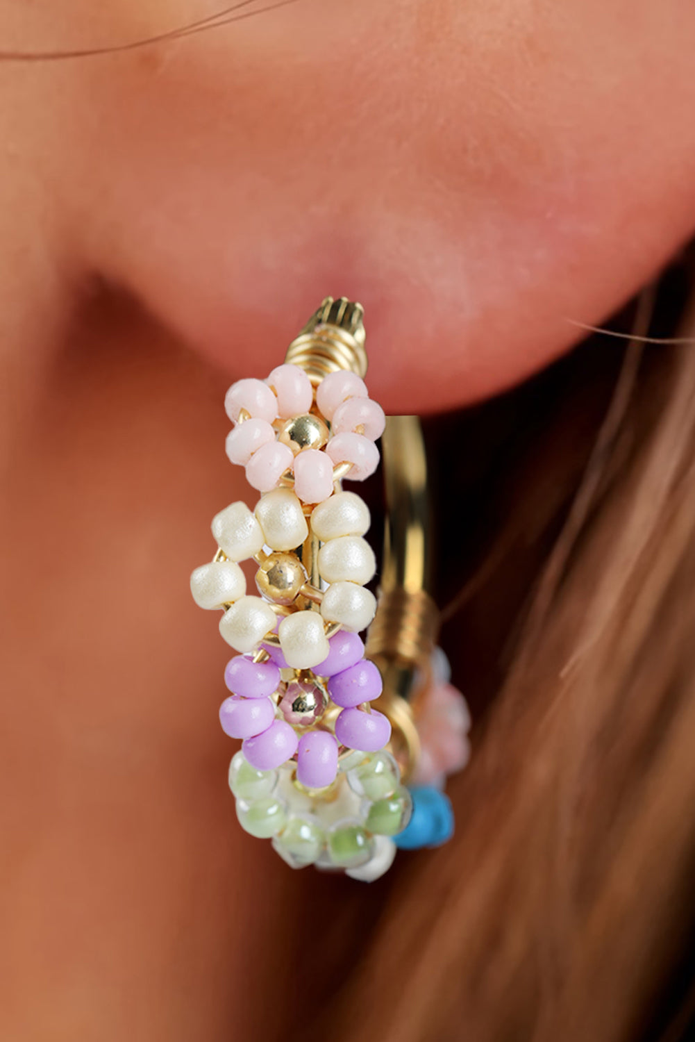 Beaded Flower Hoop Alloy Earrings