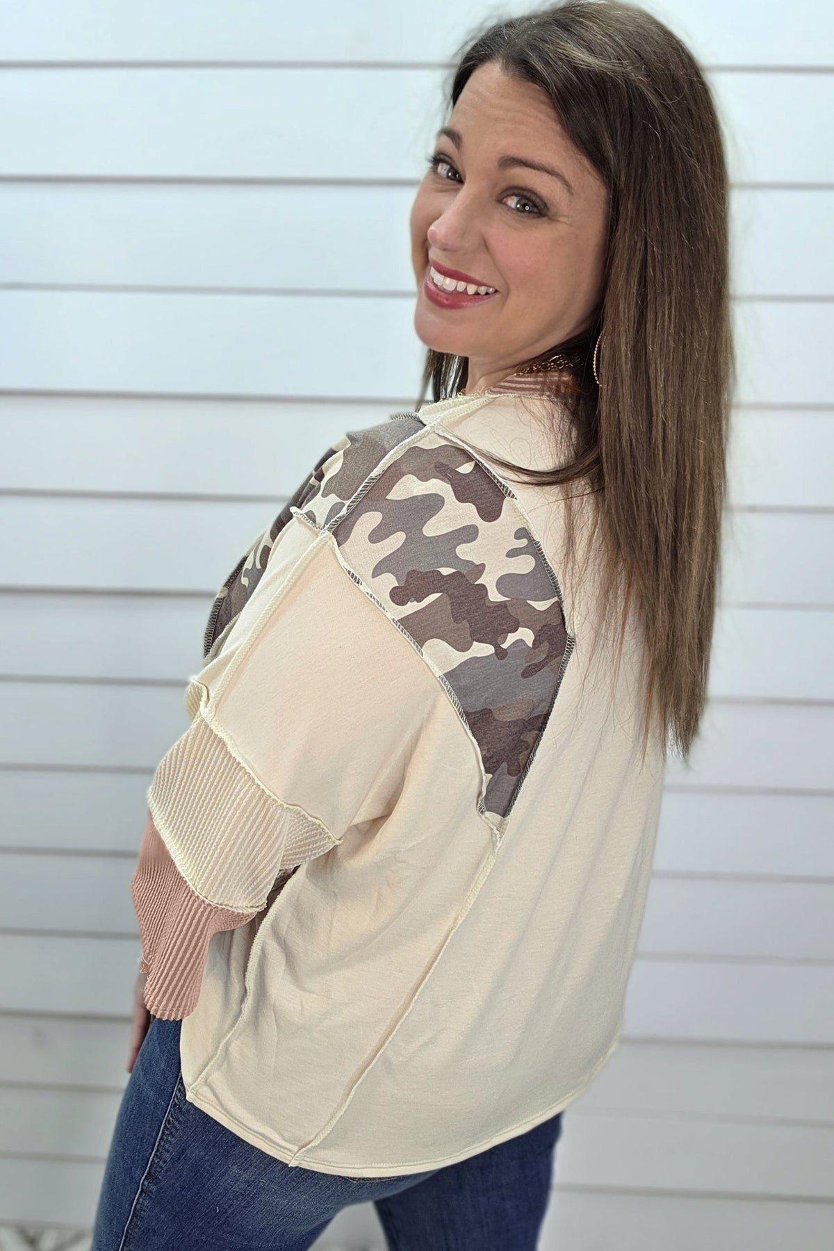 Apricot Camouflage Round Neck Loose Fit Plus Size Blouse