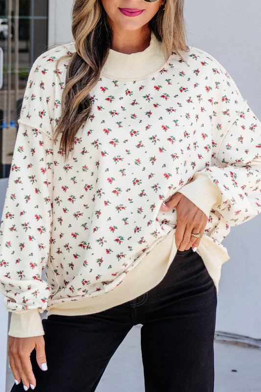 Beige Ribbed High Neck Floral Print Baggy Pullover Sweatshirt