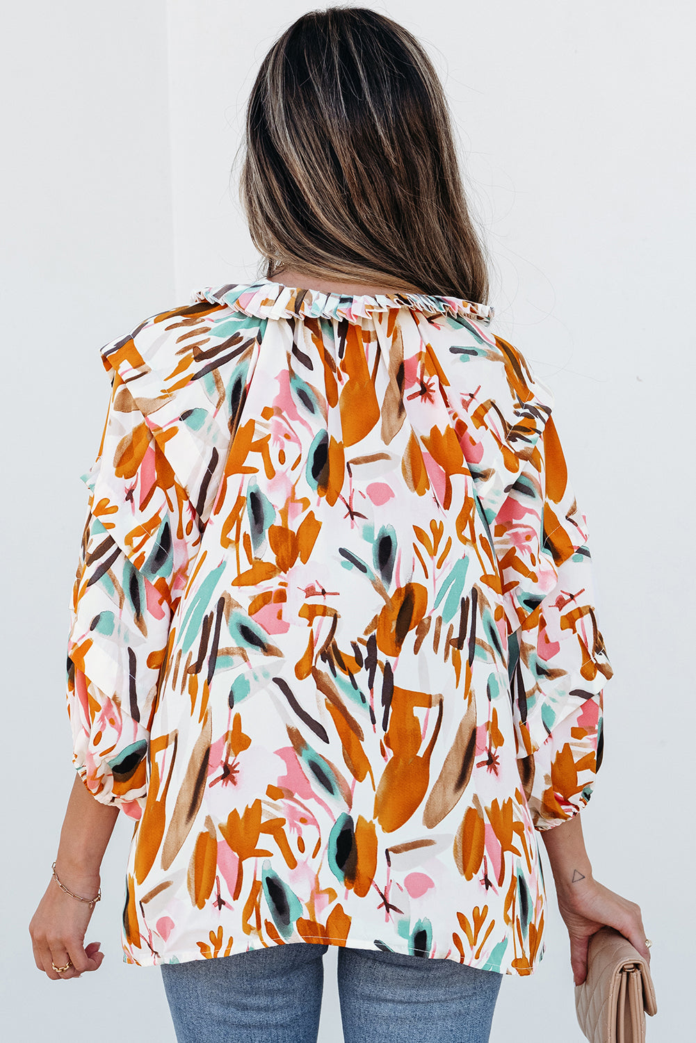 Abstract Print Drawstring 3/4 Sleeve Blouse
