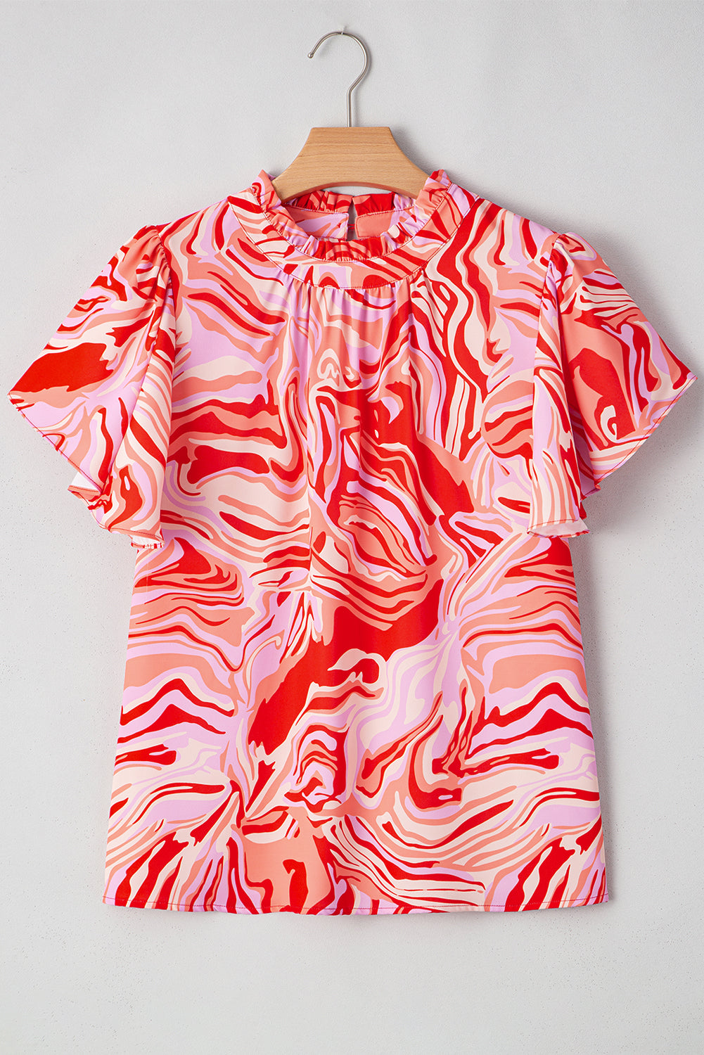 Abstract Print Ruffled Short Sleeve Mock Neck Blouse