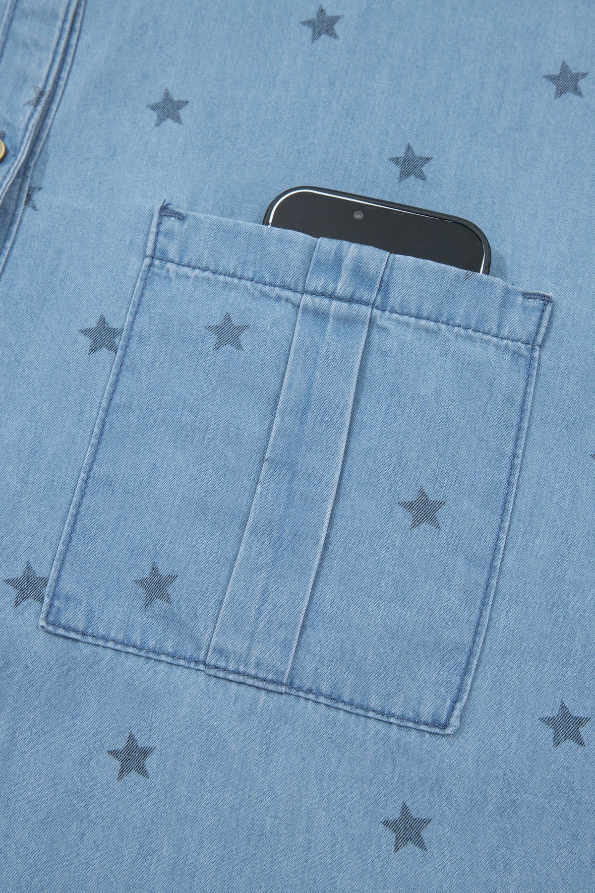 Beau Blue Star Allover Print Short Sleeve Denim Shirt