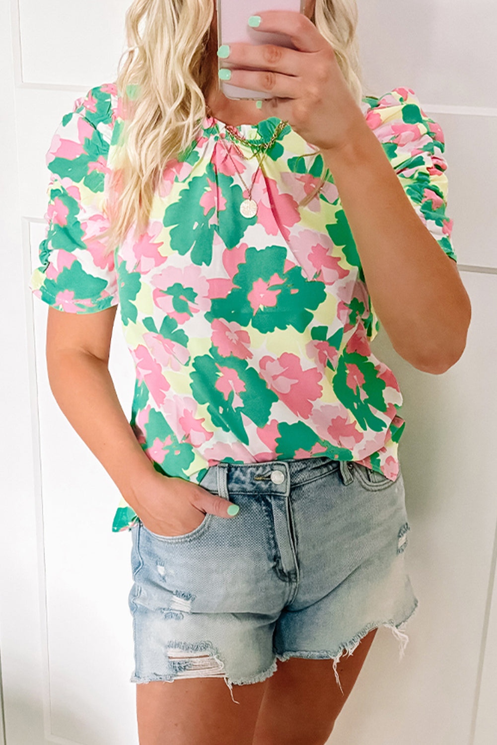 Abstract Print Frilly Neck Ruched Short Sleeve Blouse
