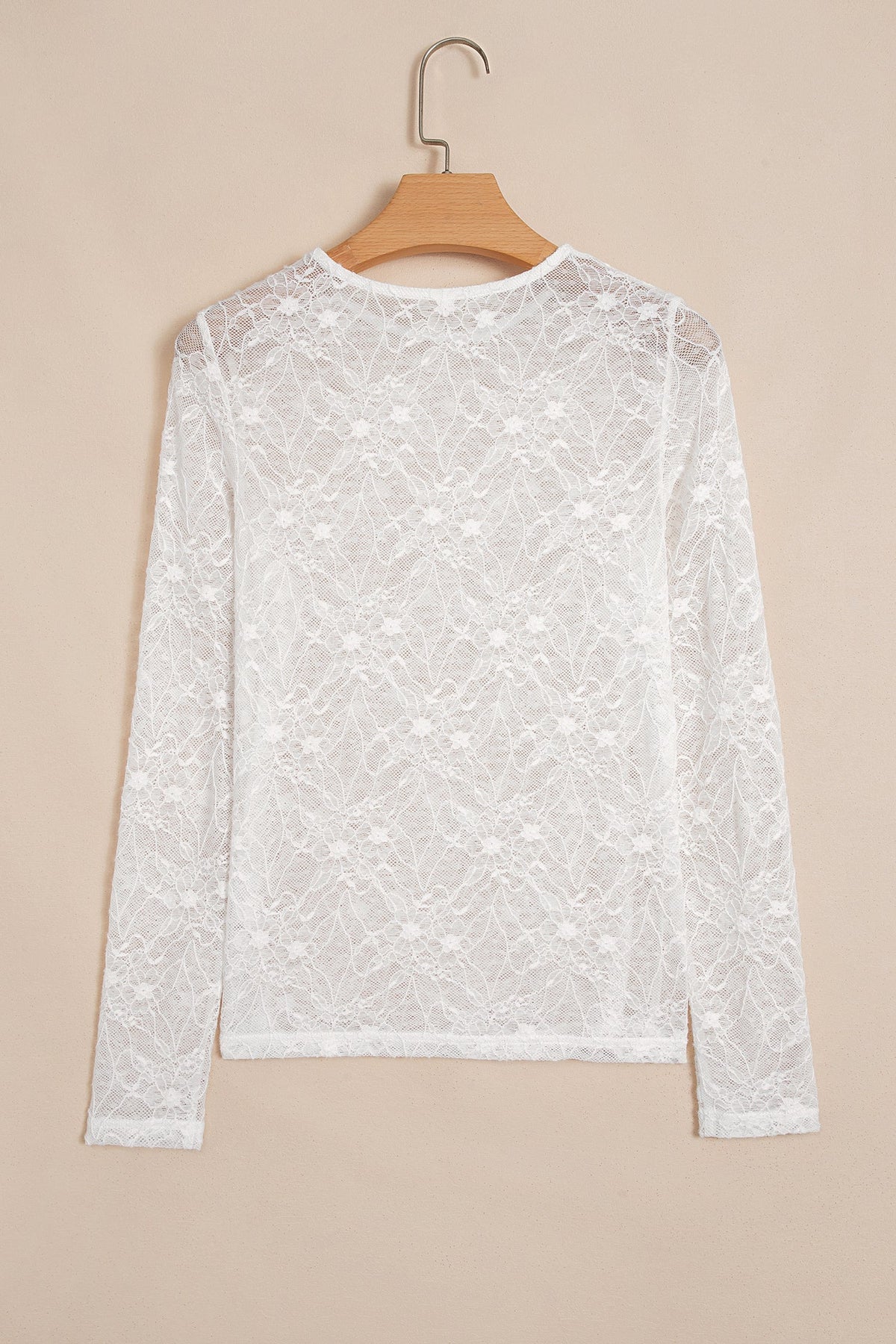 Beige Long Sleeve Sheer Mesh Lace Top