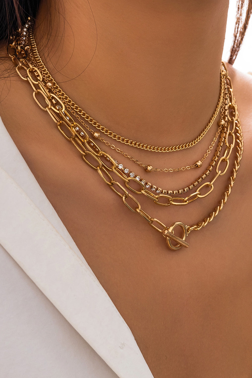 5pcs Layered Rhinestone Plated Chain Collarbone Necklaces Set