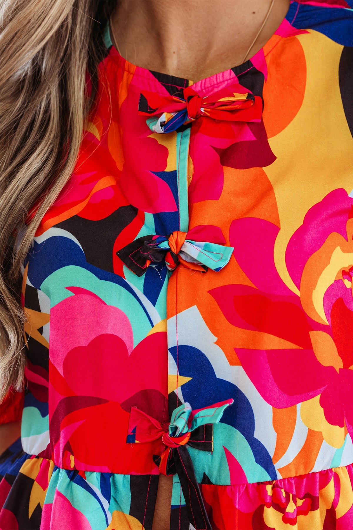 Abstract Floral Print Front Tied Puff Sleeve Babydoll Blouse