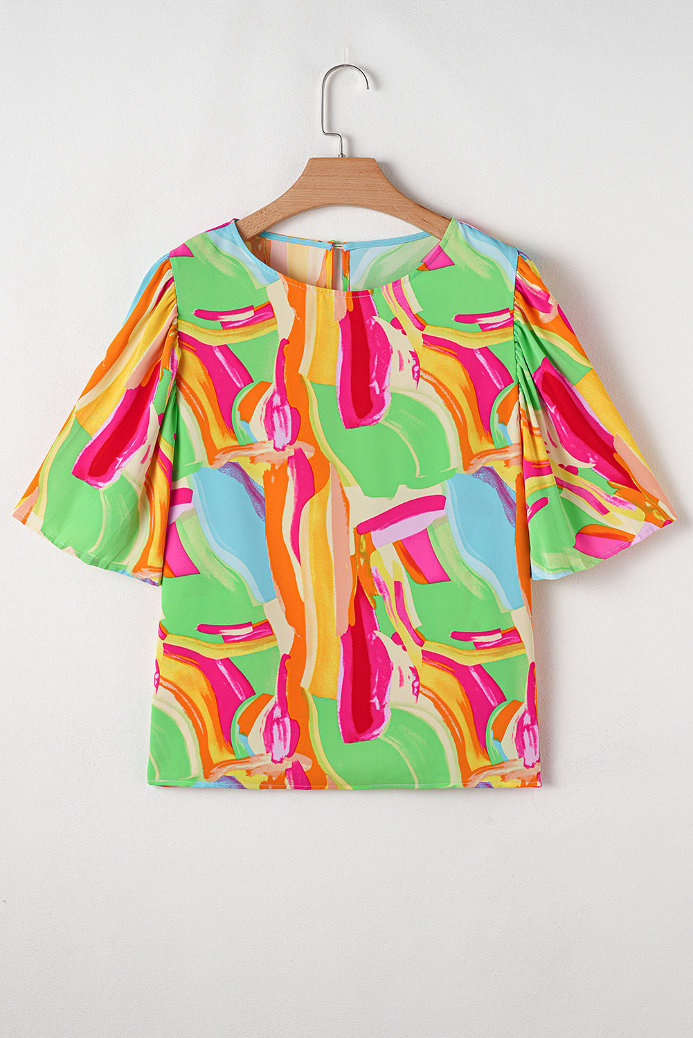 Abstract Print Keyhole Back Pleated Blouse
