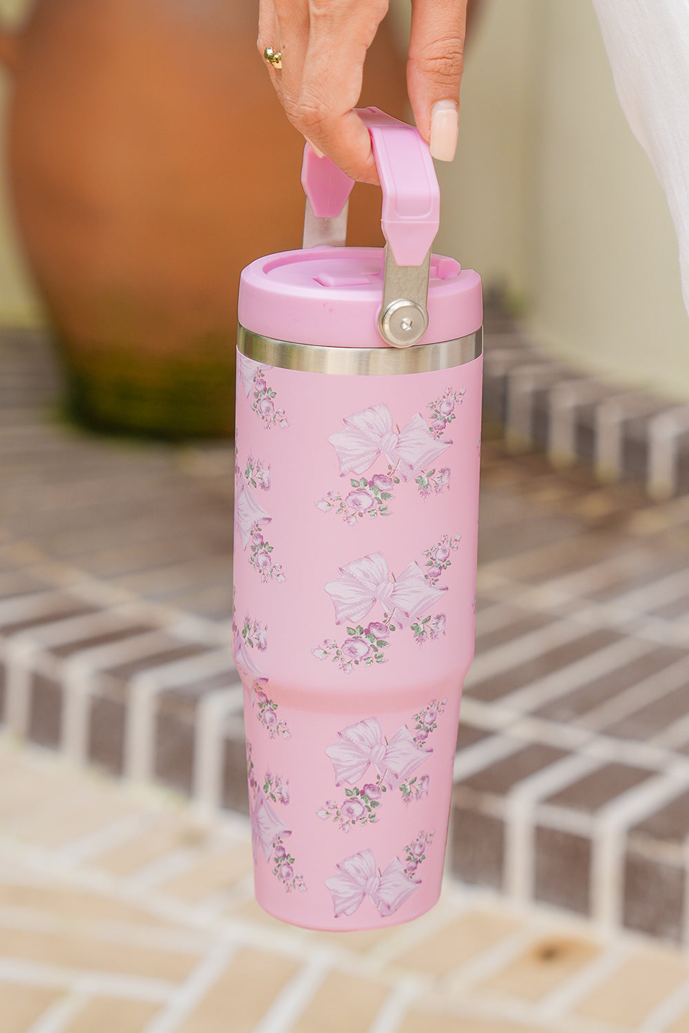 30OZ Bow Floral Print Flip Handle Straw Tumbler