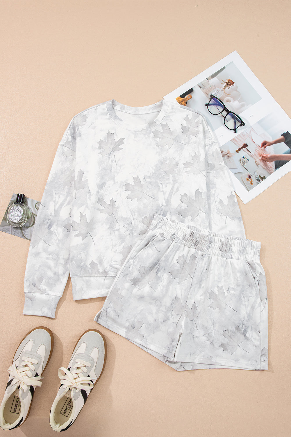 Beige Maple Camo Print Pullover Top and Elastic Waist Casual Short Set