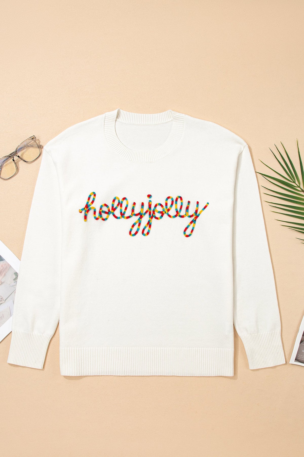 Beige Colorful Holly Jolly Christmas Knit Loose Sweater