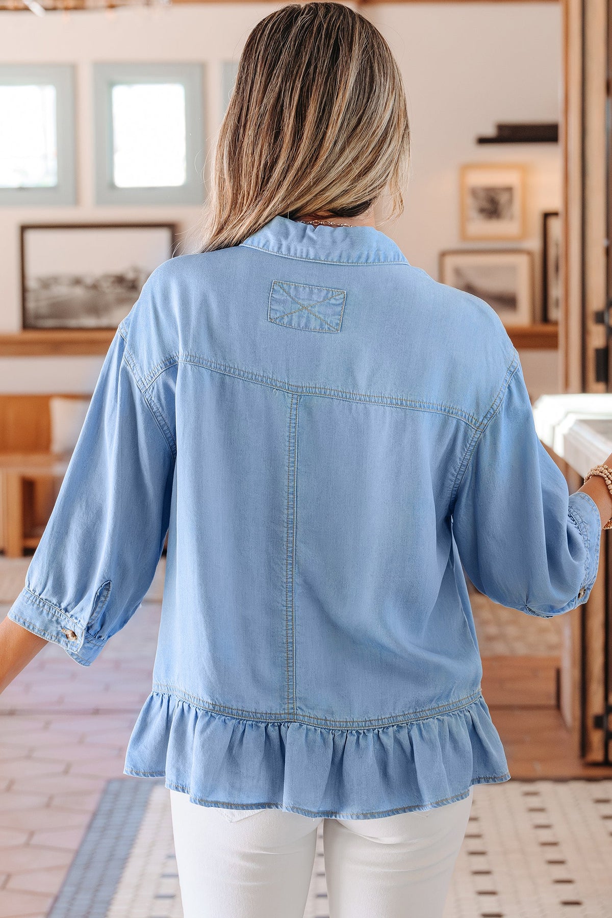 Beau Blue Half Sleeve High Low Chambray Shirt