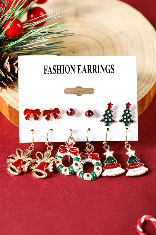 6 Pairs/Set Christmas Tree Wreath Bell Bow Knot Earring Set
