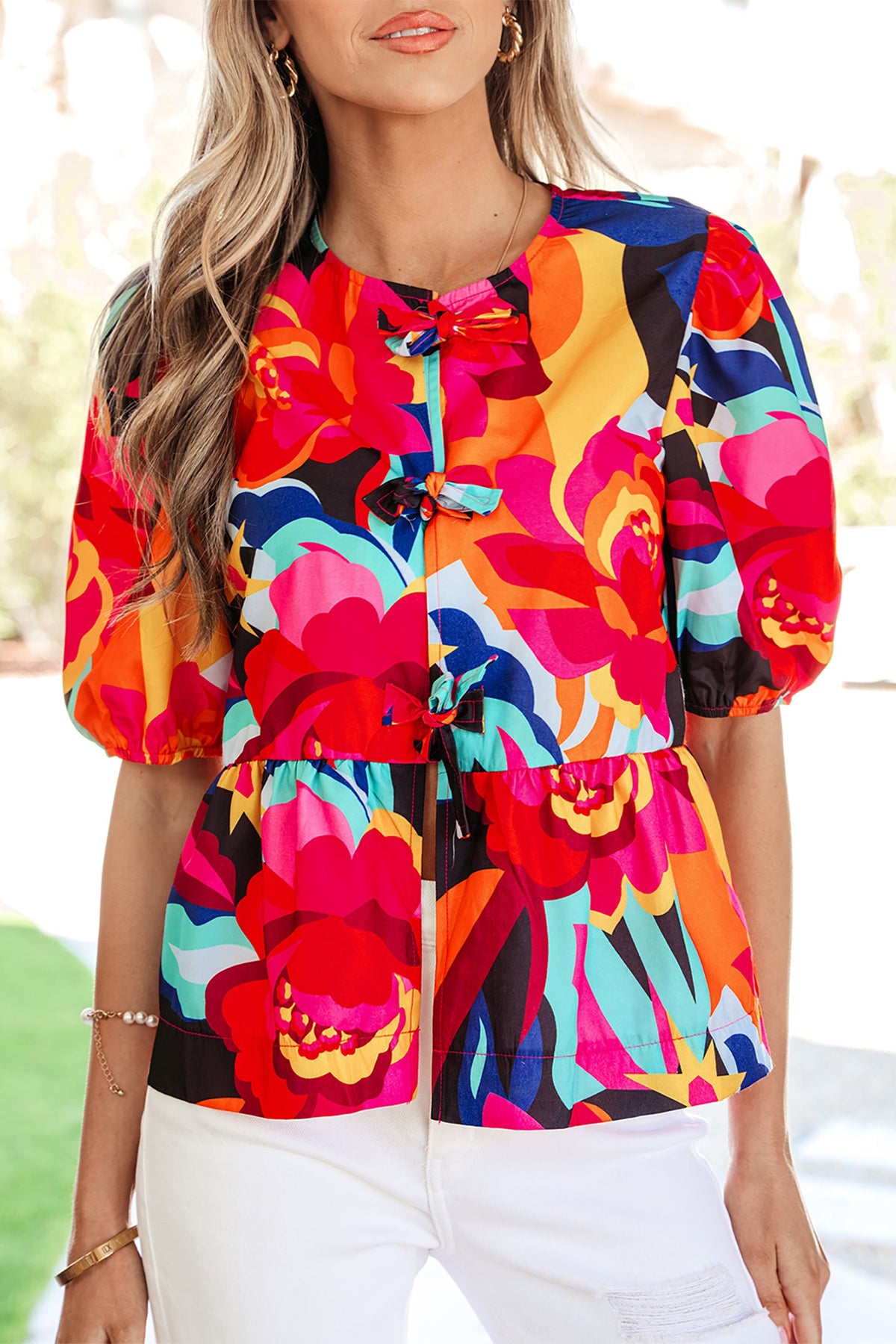 Abstract Floral Print Front Tied Puff Sleeve Babydoll Blouse