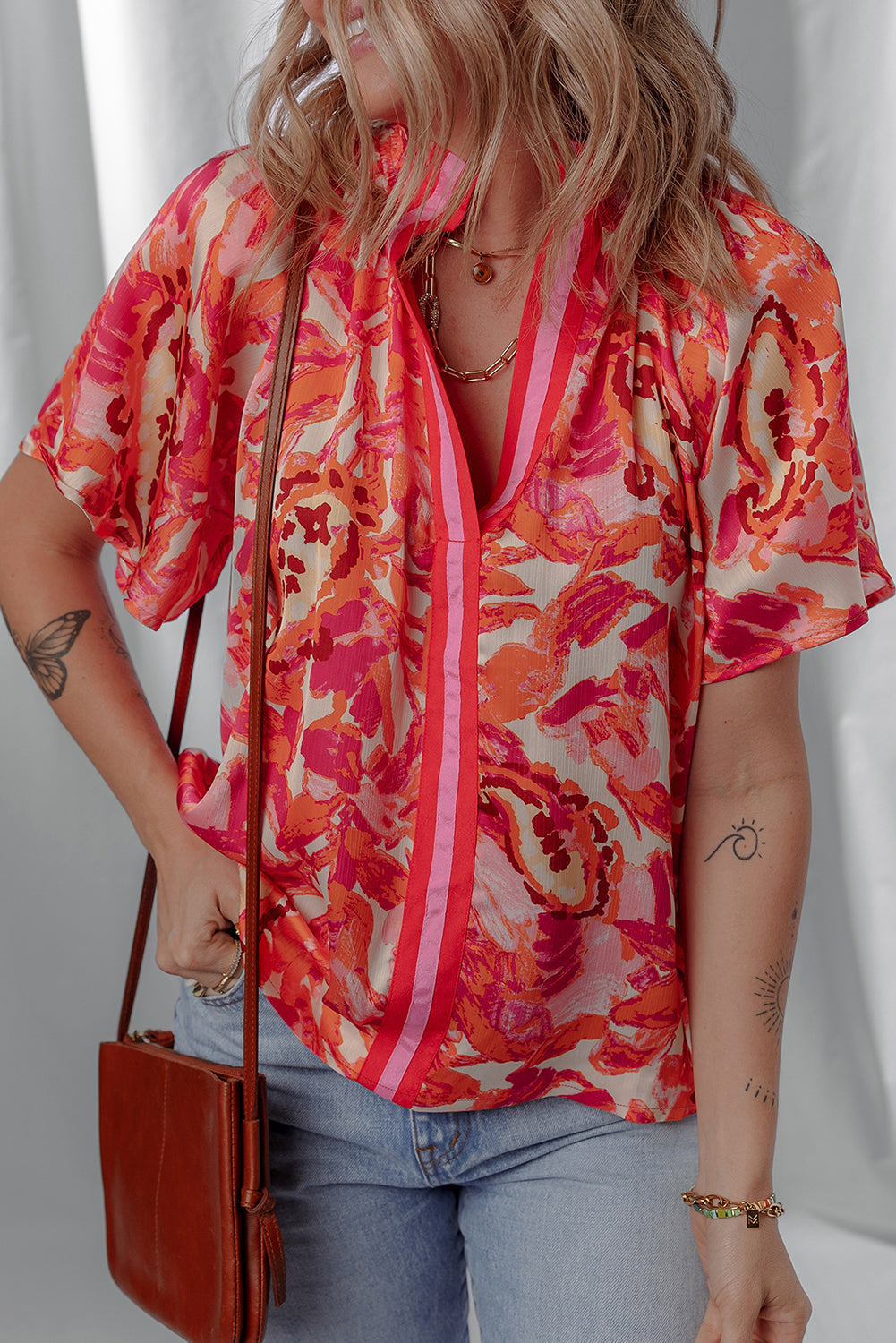 Abstract Print Striped Trim Split Neck Blouse