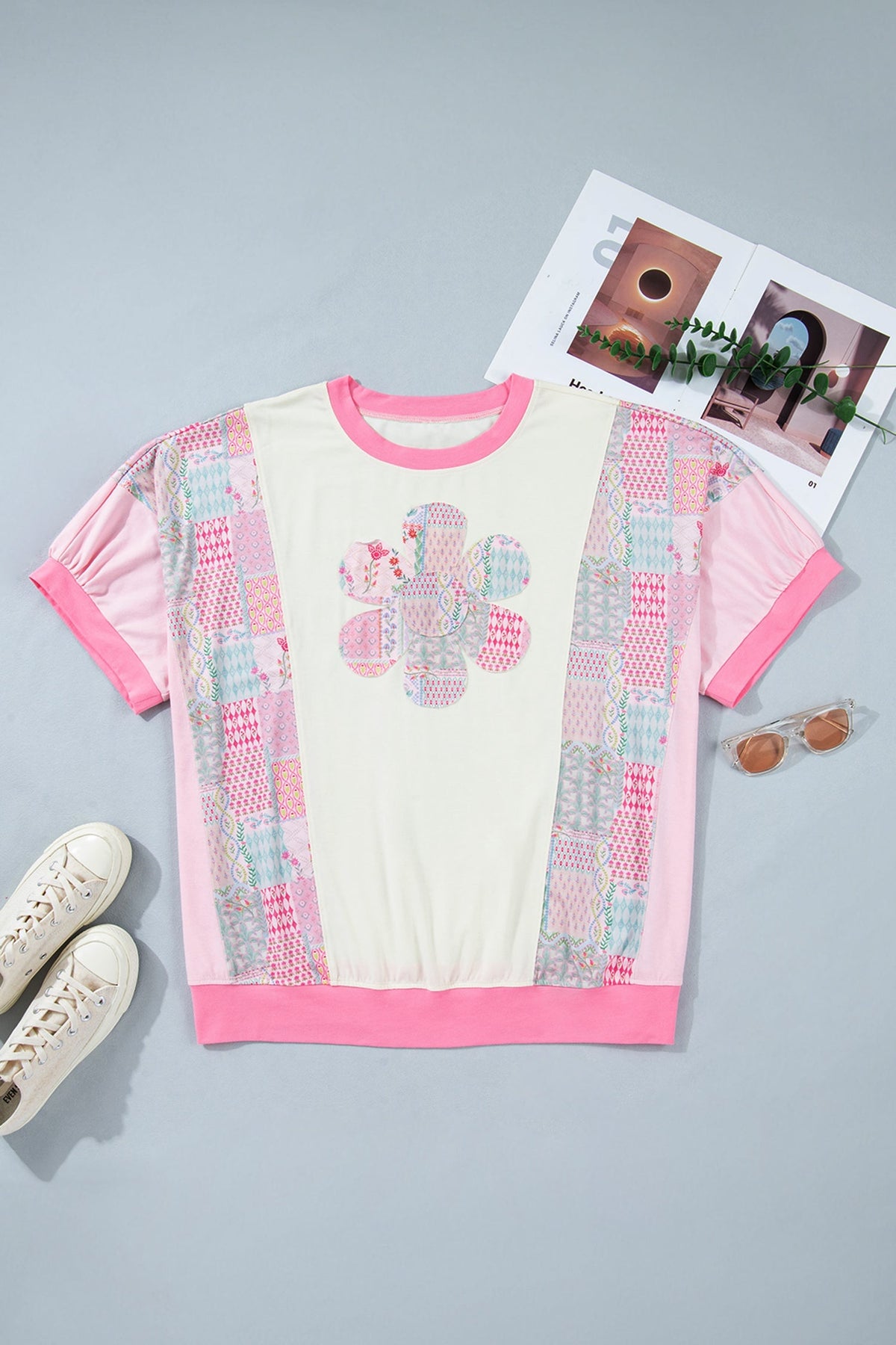 Beige Plus Size Floral Patchwork Short Sleeve Patch Embroidery Cotton T Shirt