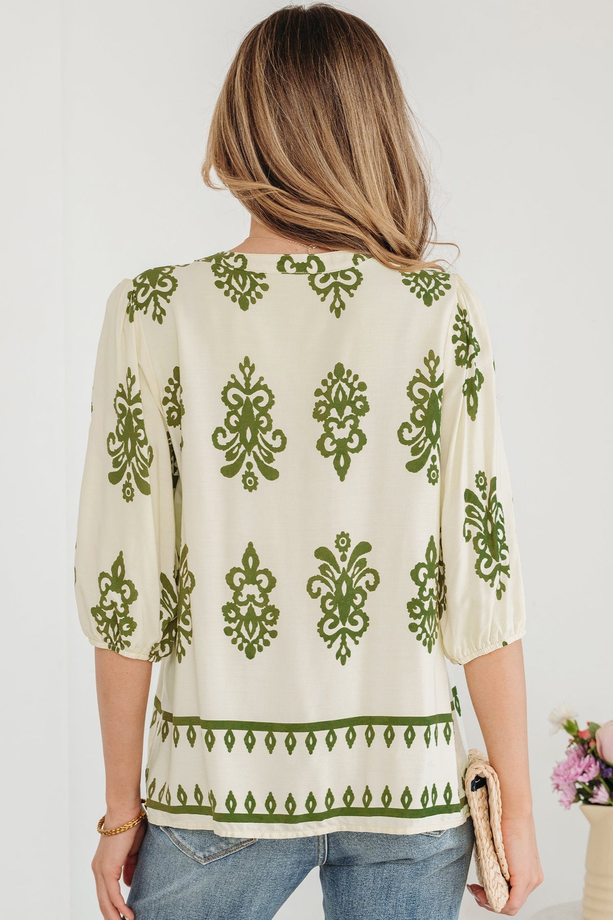 Apricot Floral Print Tie V Neck Puffy Half Sleeve Shirt