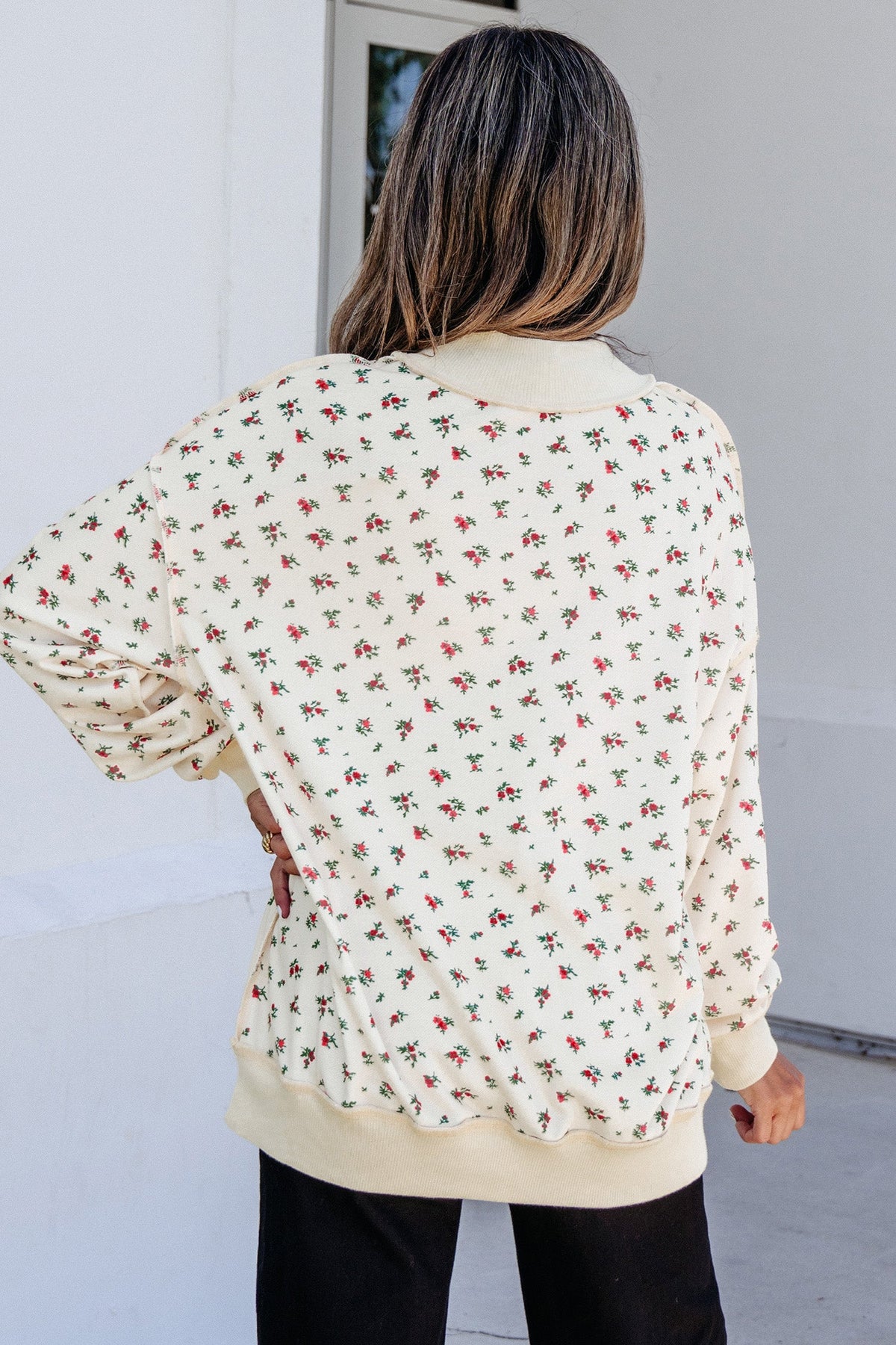 Beige Ribbed High Neck Floral Print Baggy Pullover Sweatshirt