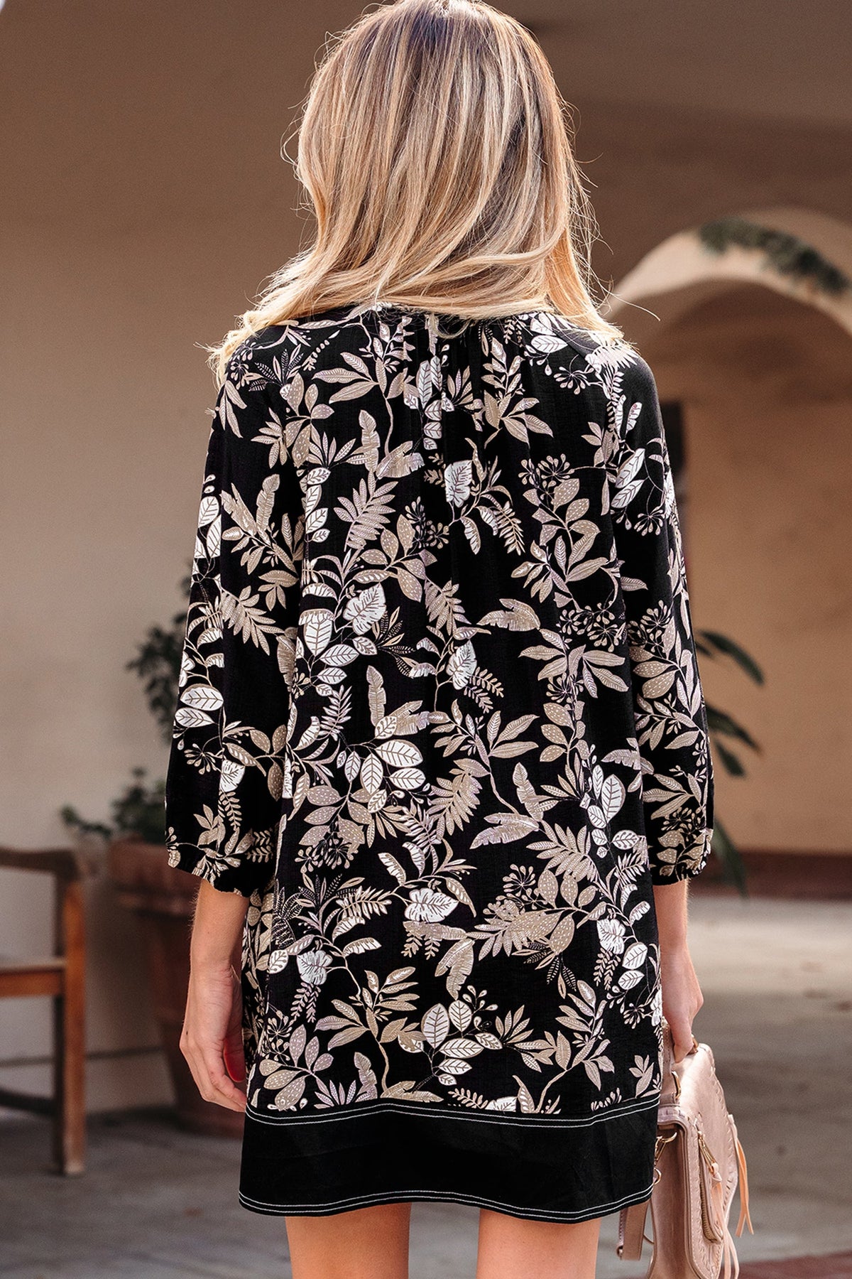 3/4 Sleeve Botanical Print Split Neck Loose Mini Dress