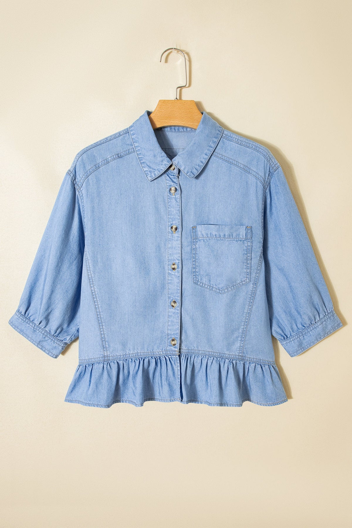 Beau Blue Half Sleeve High Low Chambray Shirt