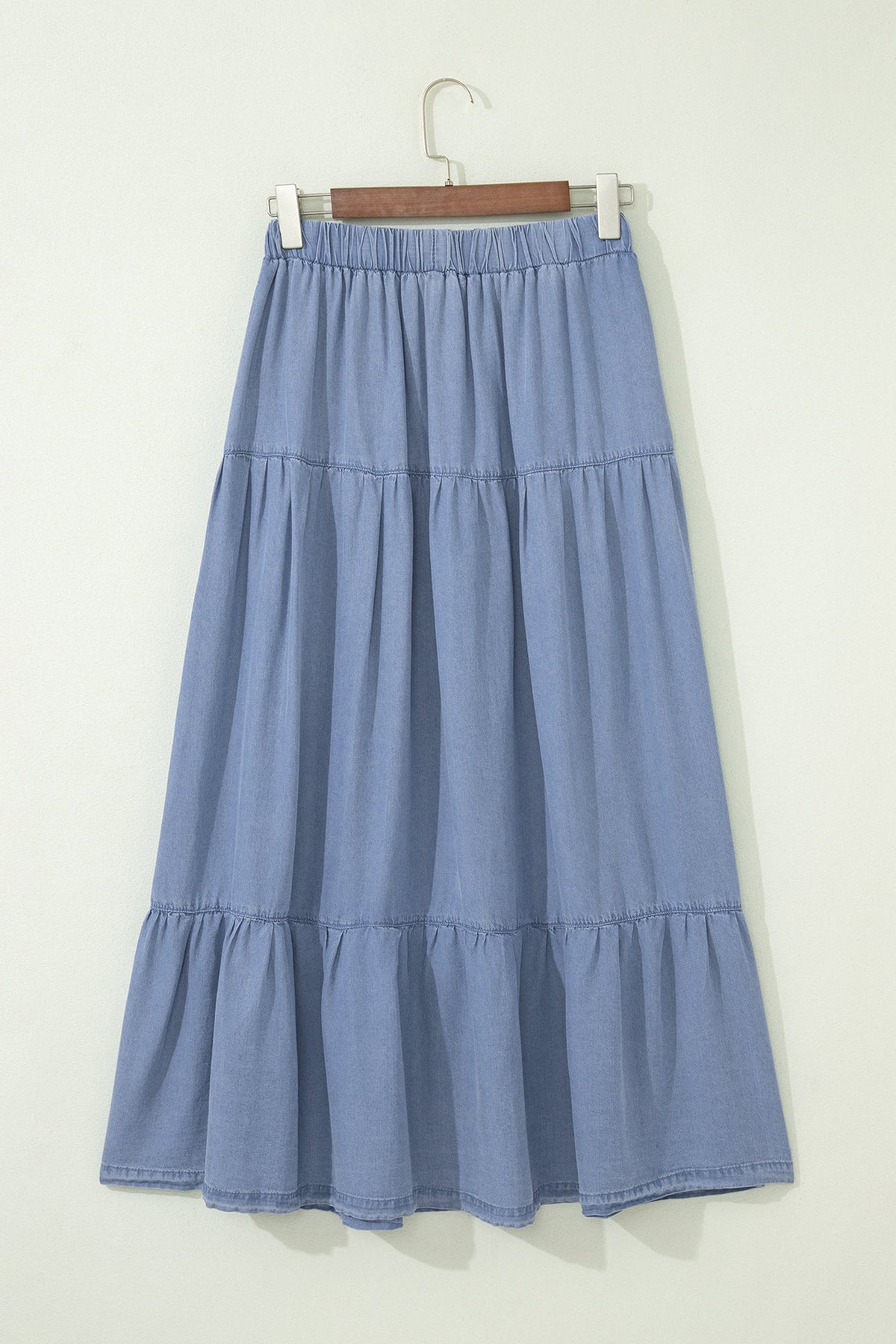 Beau Blue Elastic Waist Ruffled Tiered Flared Denim Maxi Skirt