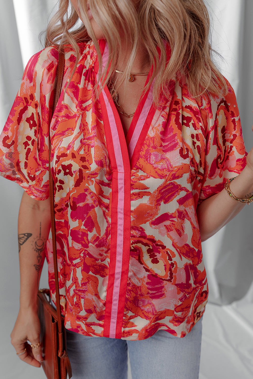 Abstract Print Striped Trim Split Neck Blouse