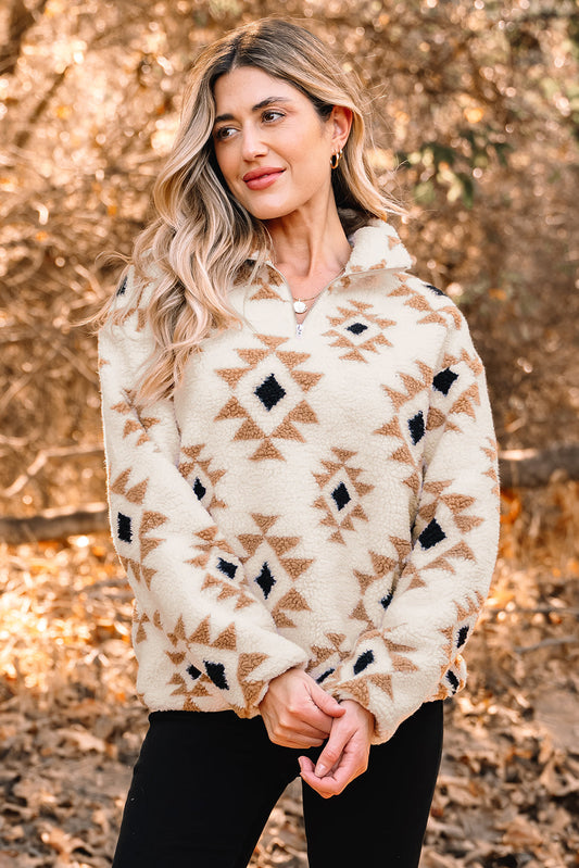 Aztec Print Sherpa Quarter Zip Collar Sweatshirt