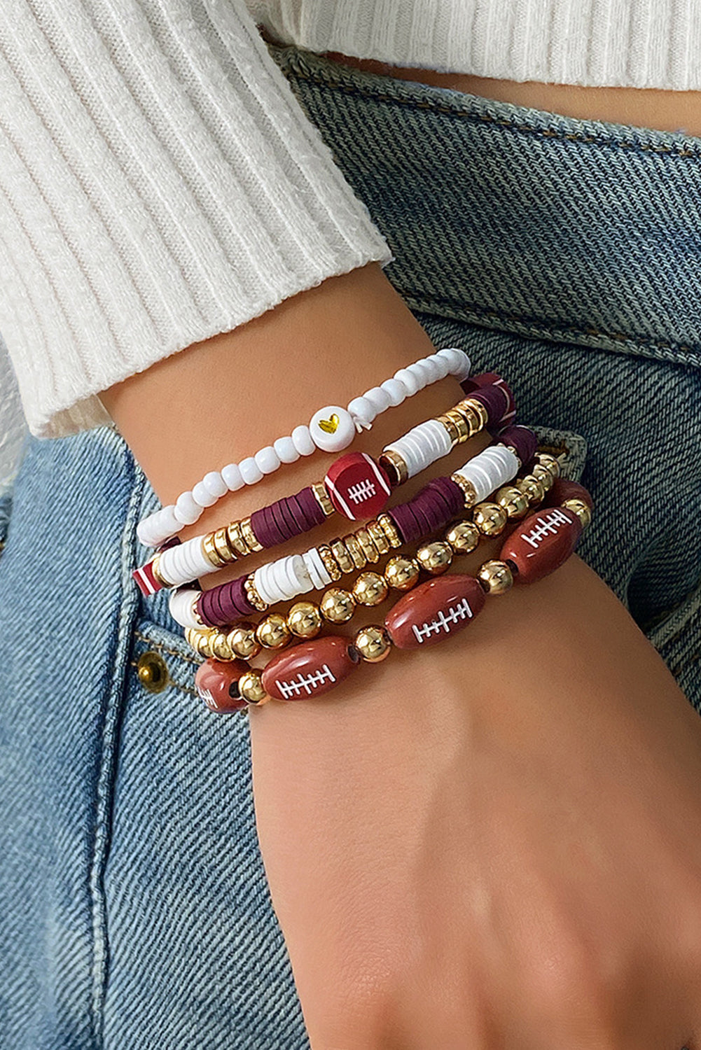 5pcs Football Beading Elastic Bracelet Set