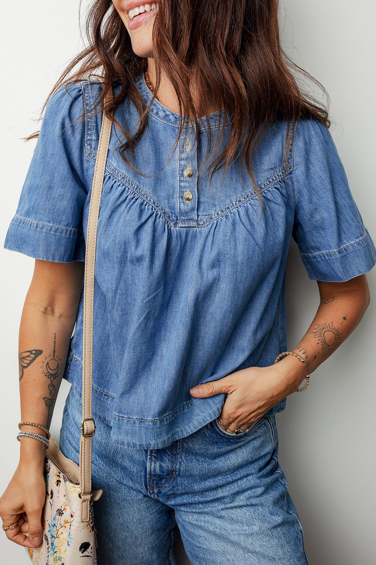 Beau Blue Seam Pleated Detail Short Sleeve Denim Top