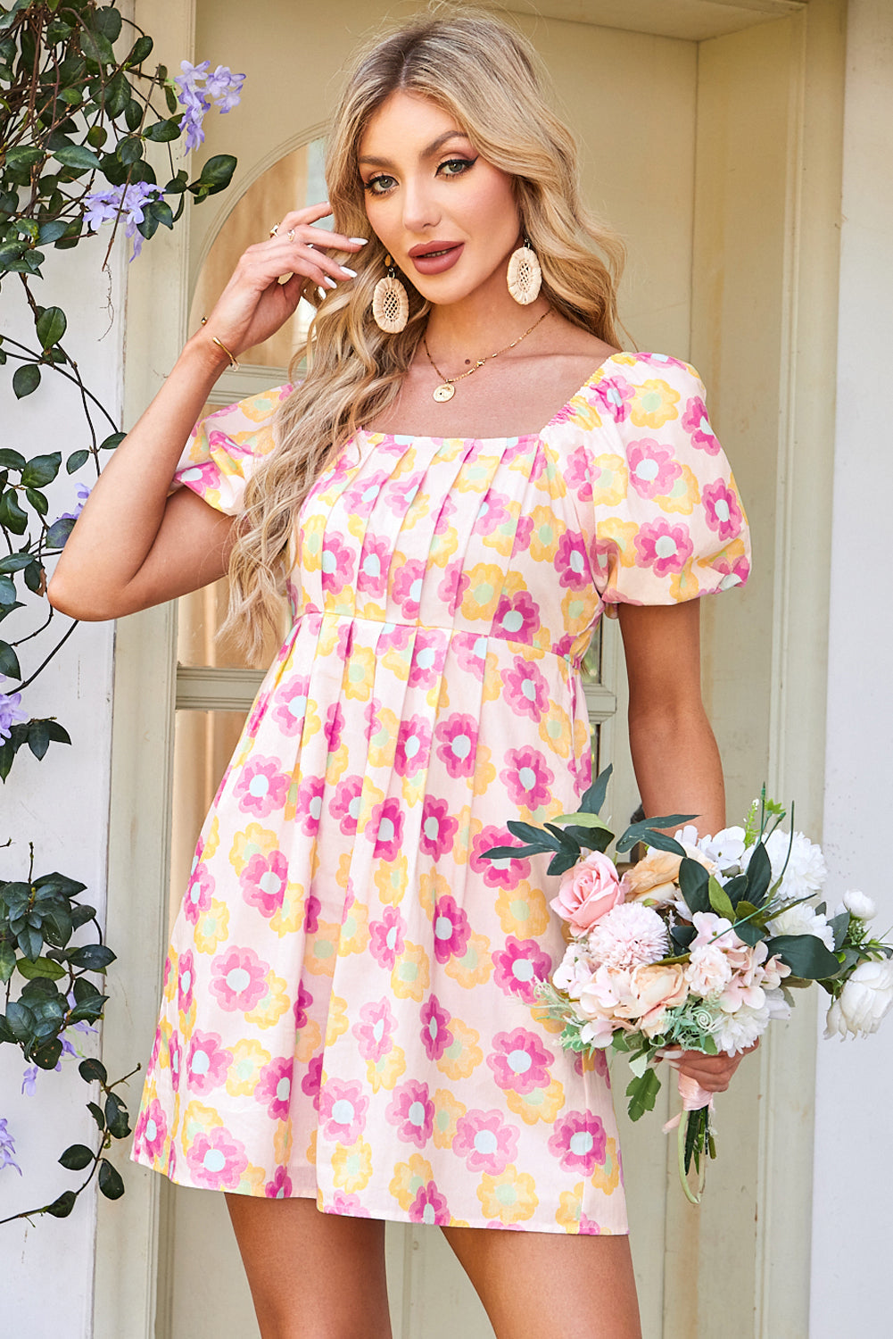 100 Cotton Rose Vibrant Floral Square Neck Pleated Flared Midi Dress