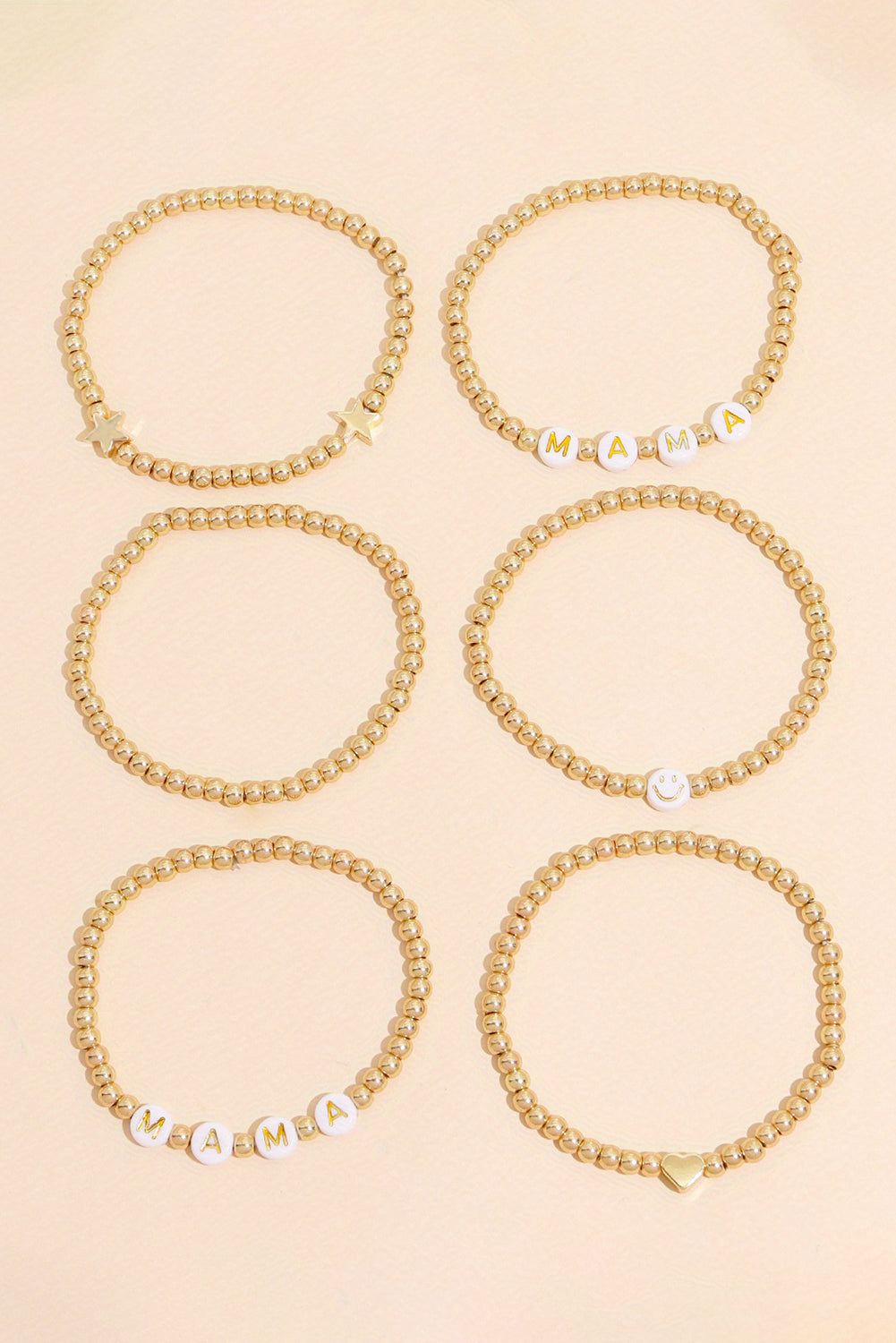 6Pcs MAMA Heart Star Shape Plated Beaded Bracelet Set