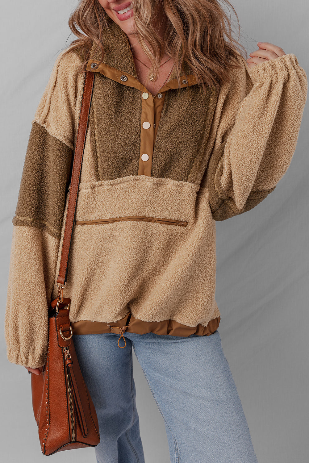 2-tone Color Block Patchwork Half Button Sherpa Sweatshirt