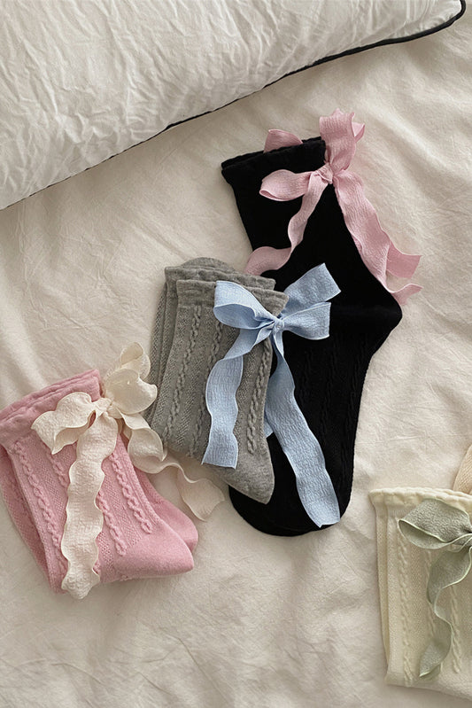 5 Pairs Contrast Ribbon Bow Decor Textured Knit Socks
