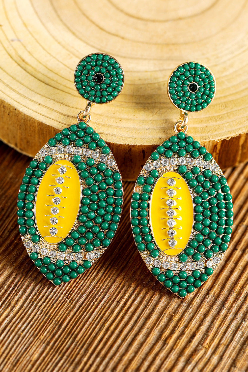 Beaded Rhinestone Rugby Football Drop Earrings